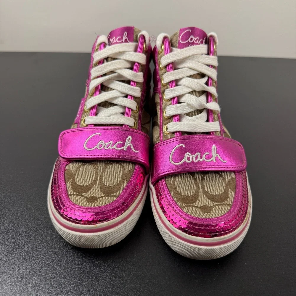 Vintage Coach Mistie Shoes Womens 6B Pink Monogram Canvas High Top Sneakers